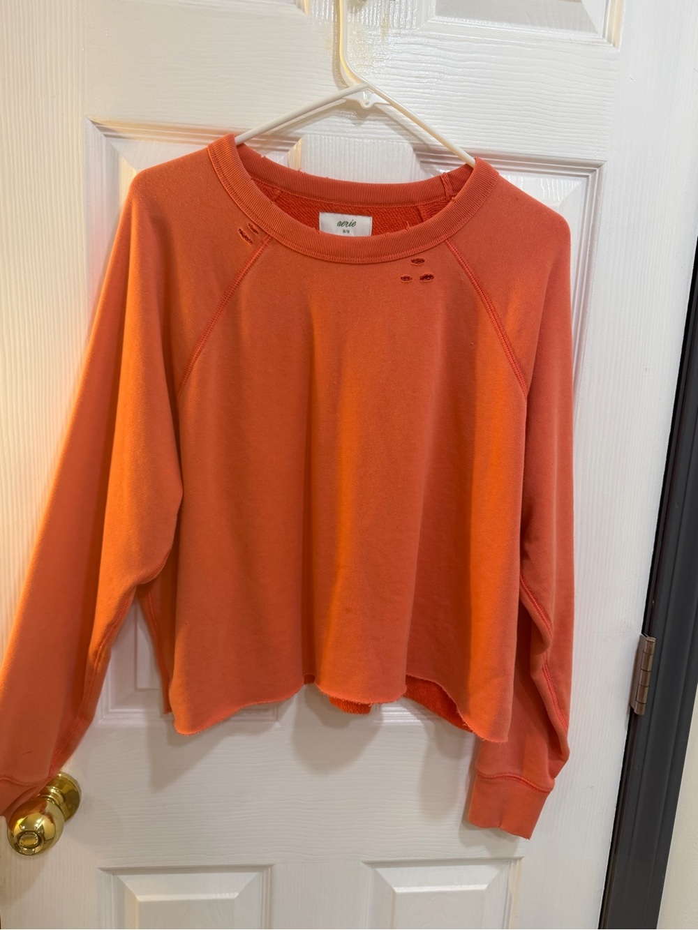 aerie Orange Distressed Cropped Crewneck Sweatshirt